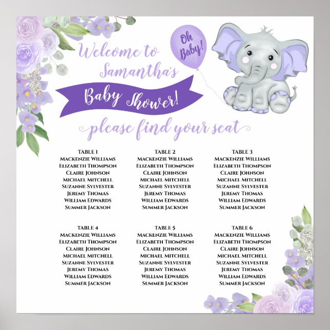 Lavender Lila Baby Shower 6 Bord sittdiagram Poster (Framsidan)