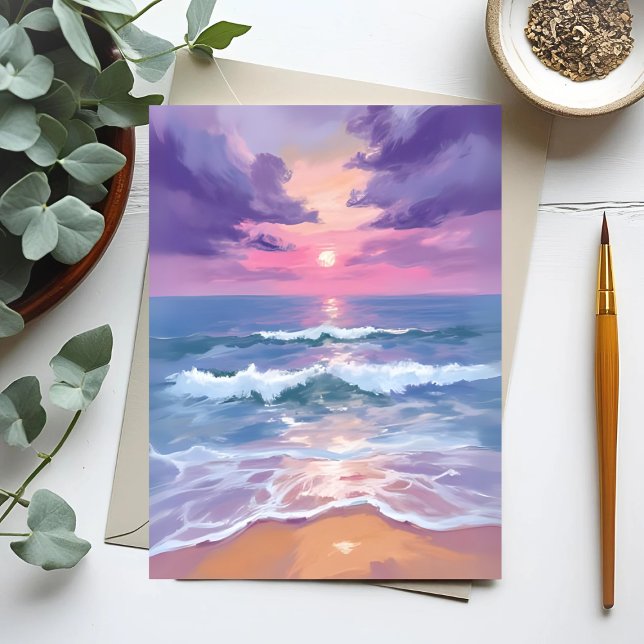 Lavender Lila Beach Sunset Watercolor Vykort (Skapare uppladdad)