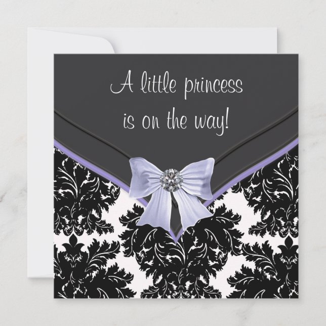 Lavender Lila Black Damask Bow Baby Shower Inbjudningar (Framsida)