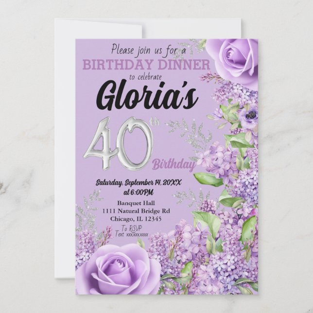 Lavender lila blommigt 40-årsdag - invitati inbjudningar (Framsida)