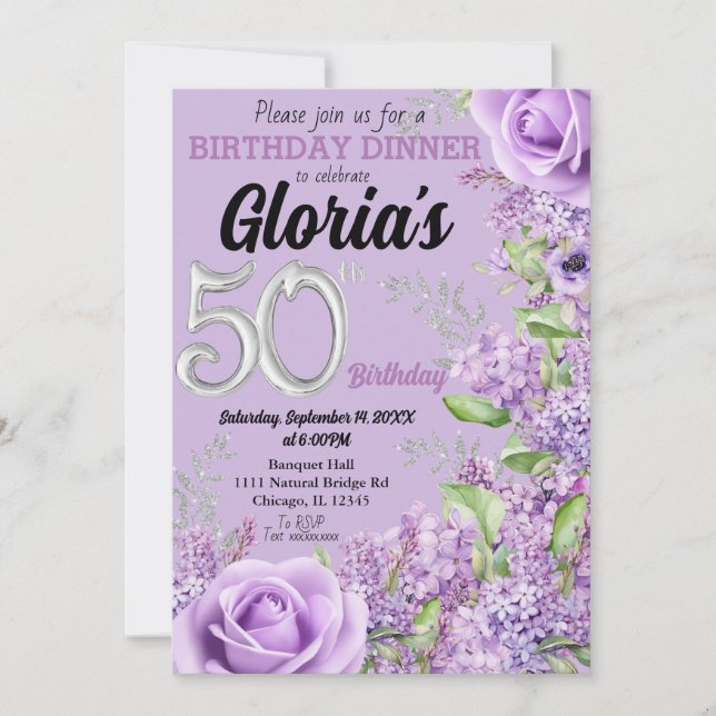 Lavender lila blommigt 50-årsinbjudan inbjudningar (Framsida)