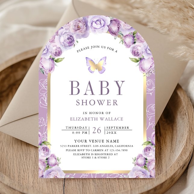 Lavender Lila Blommigt  Arch Butterfly Baby Shower Inbjudningar (Skapare uppladdad)