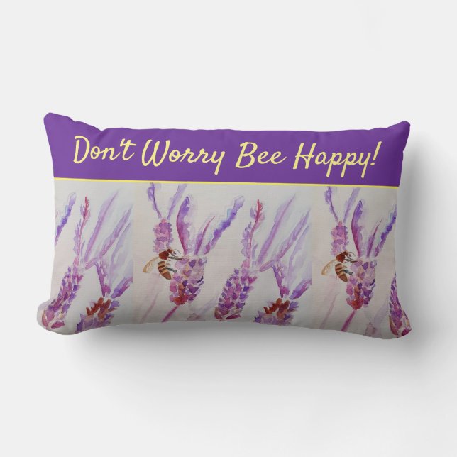 Lavender Lila Blommigt Art Bee Bee Lycklig C Lumbarkudde (Framsida)