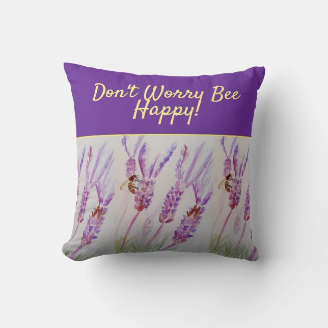 Lavender Lila Blommigt Art Oroa inte Bee Lycklig Kudde (Framsida)