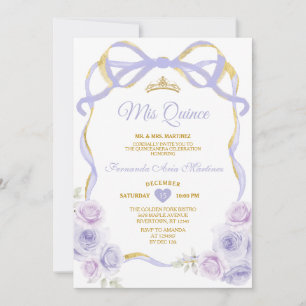 Lavender Lila Blommigt Bow Ribbon Guld Mis Quince Inbjudningar