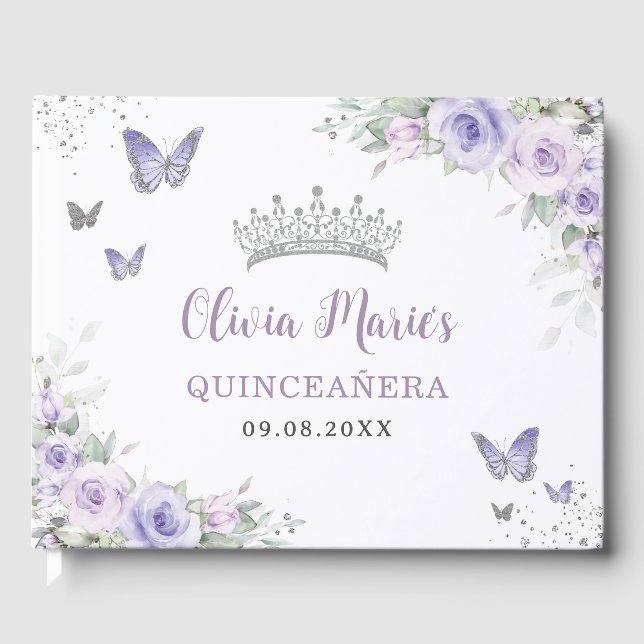 Lavender Lila Blommigt Butterflies Quinceañera Gästböcker (Framsida)