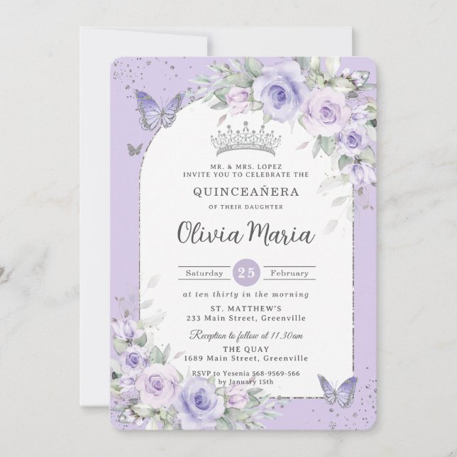 Lavender Lila Blommigt Butterflies Quinceañera Inbjudningar (Framsida)