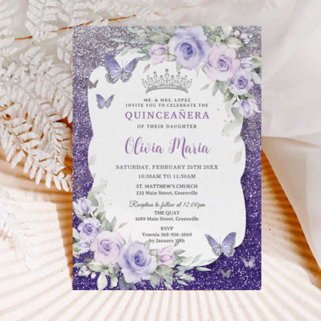 Lavender Lila Blommigt Butterflies Quinceañera Inbjudningar (Skapare uppladdad)