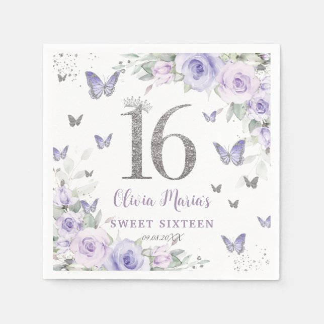 Lavender Lila Blommigt Butterflies Sweet 16 Pappersservett (Framsidan)