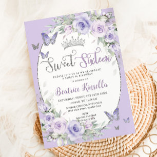 Lavender Lila Blommigt Butterflies Sweet sixteen Inbjudningar