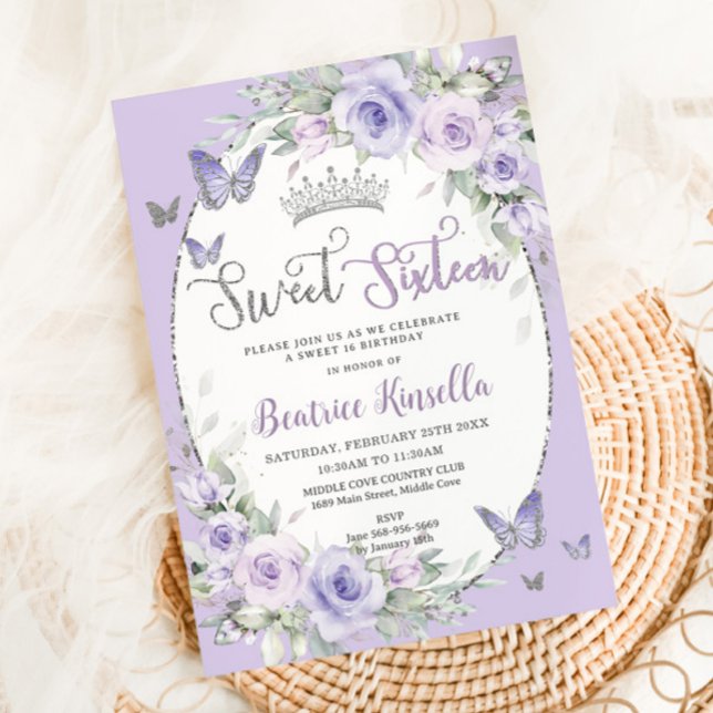Lavender Lila Blommigt Butterflies Sweet sixteen Inbjudningar (Skapare uppladdad)