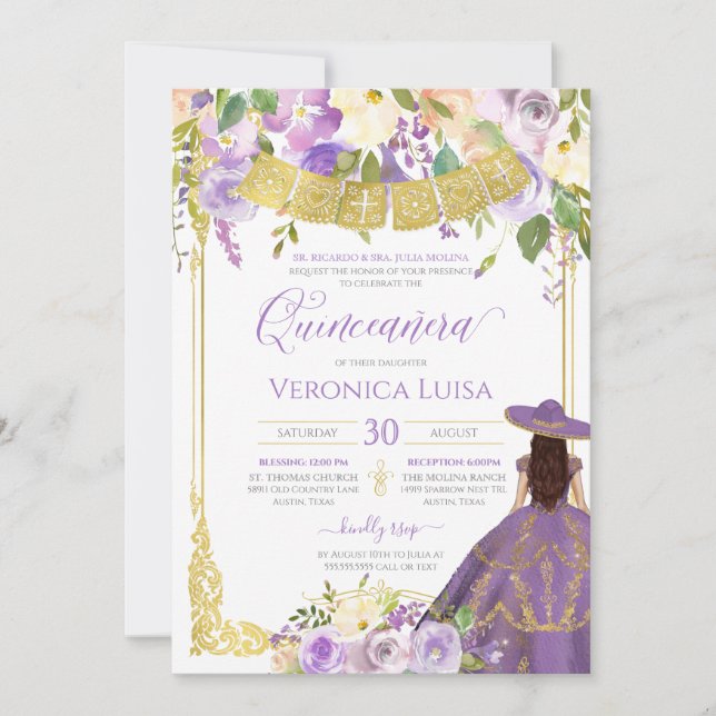 Lavender Lila Blommigt & Guld Charro Quinceanera Inbjudningar (Framsida)