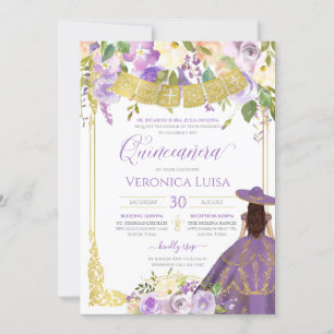 Lavender Lila Blommigt & Guld Charro Quinceanera Inbjudningar