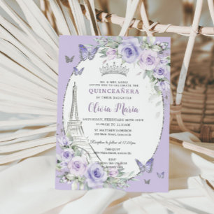 Lavender Lila Blommigt Paris Butterfly Quinceañera Inbjudningar