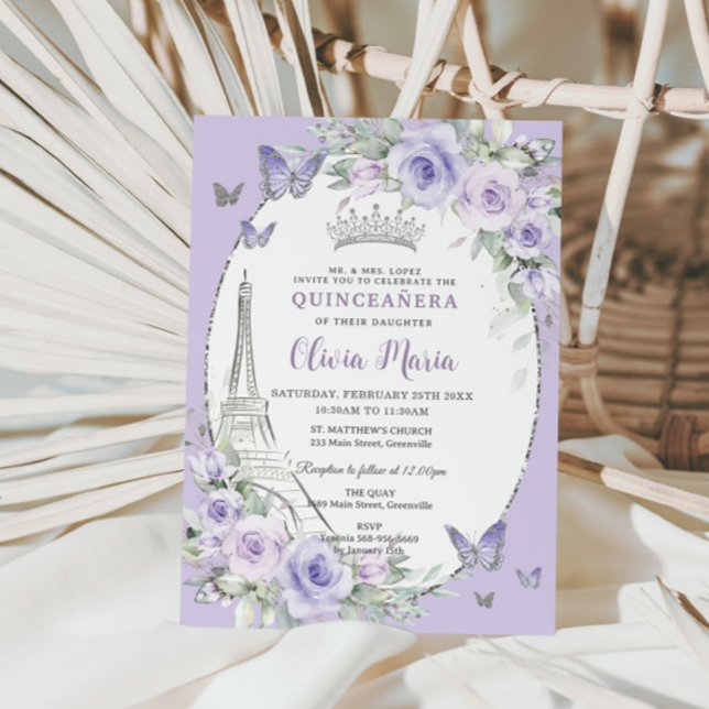 Lavender Lila Blommigt Paris Butterfly Quinceañera Inbjudningar (Skapare uppladdad)
