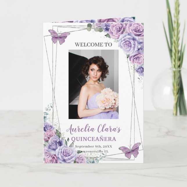 Lavender Lila Blommigt Quinceanera Events Padrinos Program (Framsida)