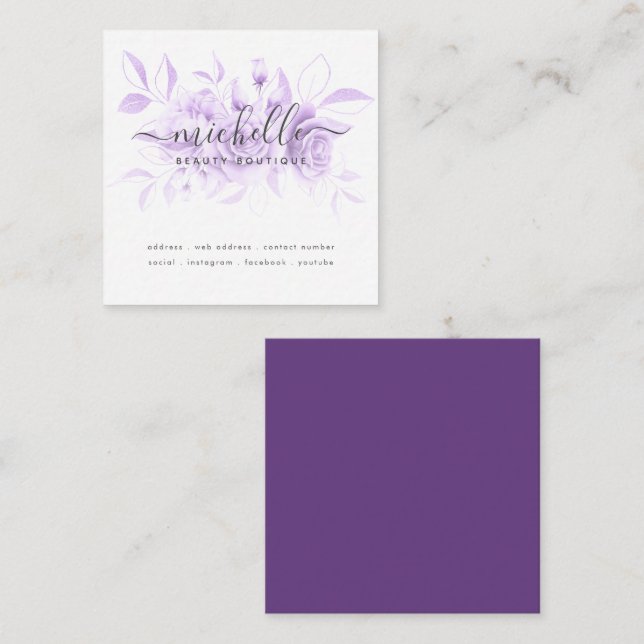 Lavender Lila Blommigt Script Beauty Boutique Fyrkantigt Visitkort (Fram/baksida)