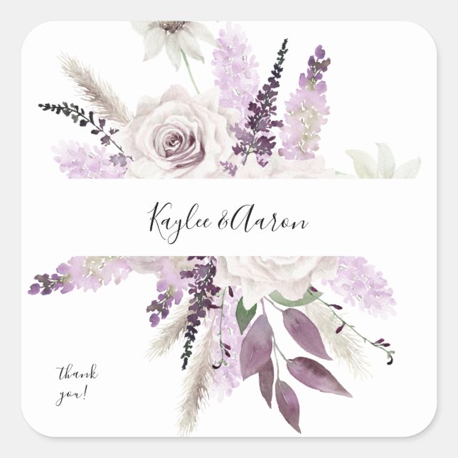 Lavender Lila Blommigt Tack Fyrkantigt Klistermärke (Framsida)