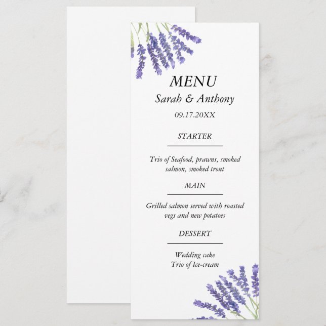 Lavender Lila Blommigt Watercolor Bröllop Food Meny (Fram/baksida)
