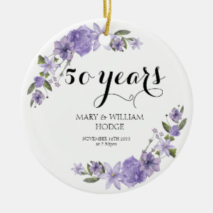 Lavender lila blommigtar 50:e bröllop-årsdagen julgransprydnad keramik