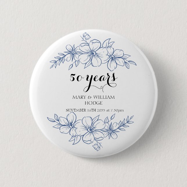 Lavender lila blommigtar 50:e bröllop-årsdagen knapp (Framsida)