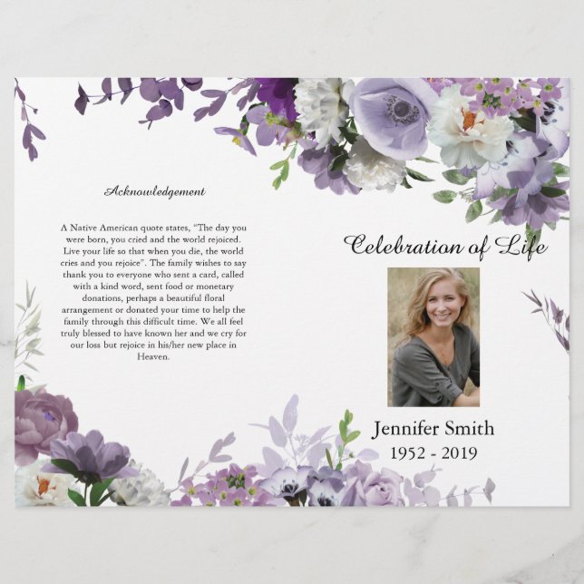 Lavender Lila blommor Funeral Program (Framsidan)