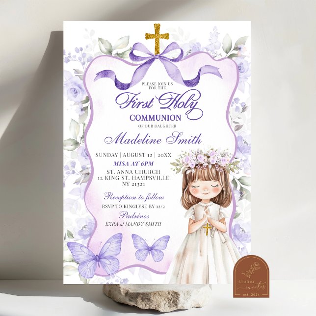 Lavender Lila Bow Coquette First Heliga Communion Inbjudningar (Skapare uppladdad)