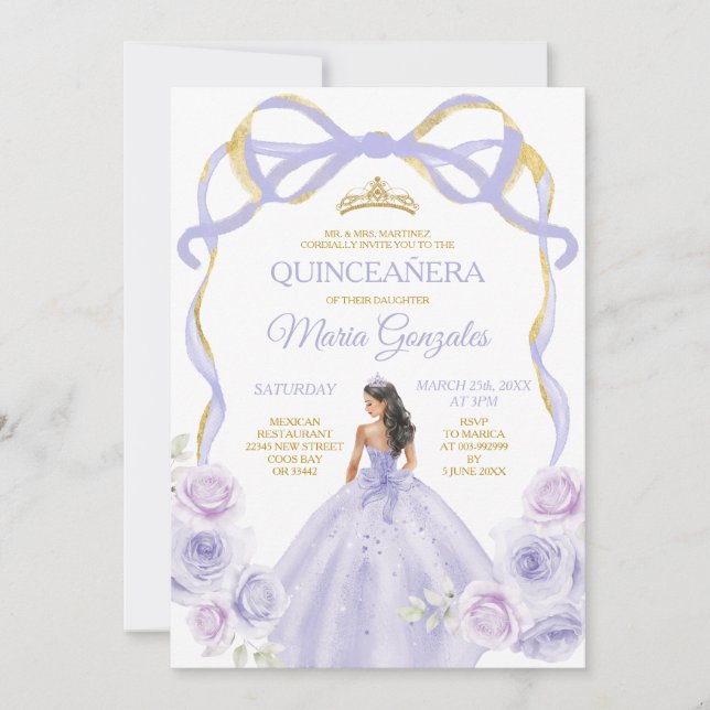 Lavender Lila Bow Princess Guld Quinceañera Inbjudningar (Framsida)