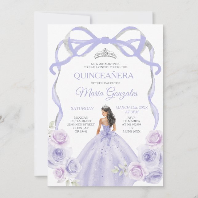 Lavender Lila Bow Princess Silver Quinceañera Inbjudningar (Framsida)
