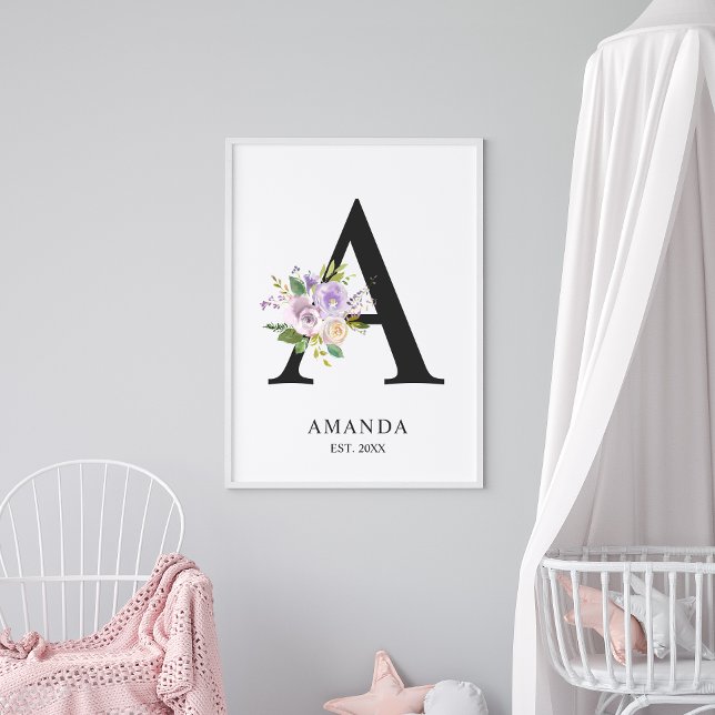 Lavender Lila Brev 'A' Nursery Namn Wall Art Poster (Skapare uppladdad)
