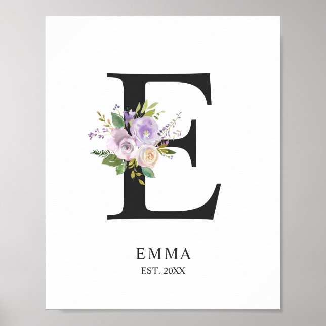 Lavender Lila Brev 'E' Nursery Namn Wall Art Poster (Framsidan)