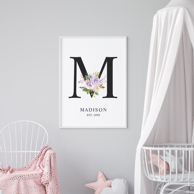 Lavender Lila Brev 'M' Nursery Namn Wall Art Poster (Skapare uppladdad)