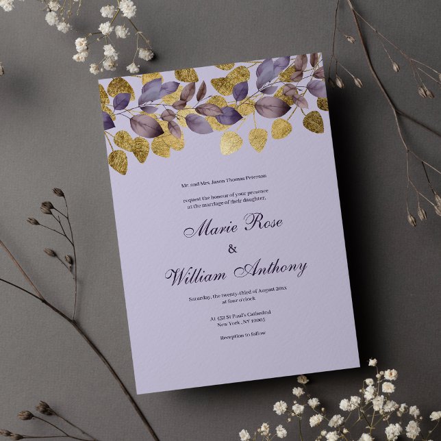 Lavender lila brun guld foliage blommigt Bröllop Inbjudningar (Lavender purple brown gold foliage floral Wedding Invitation)