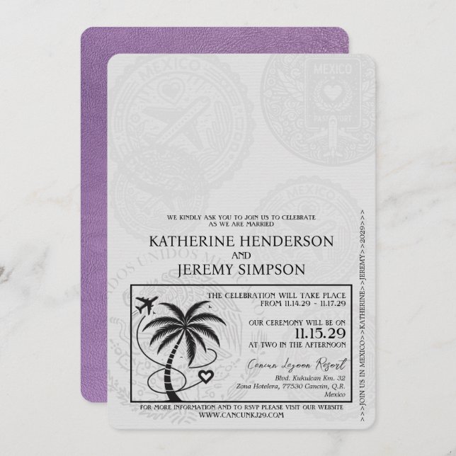 Lavender Lila Cancun Passport Bröllop Inbjudningar (Fram/baksida)