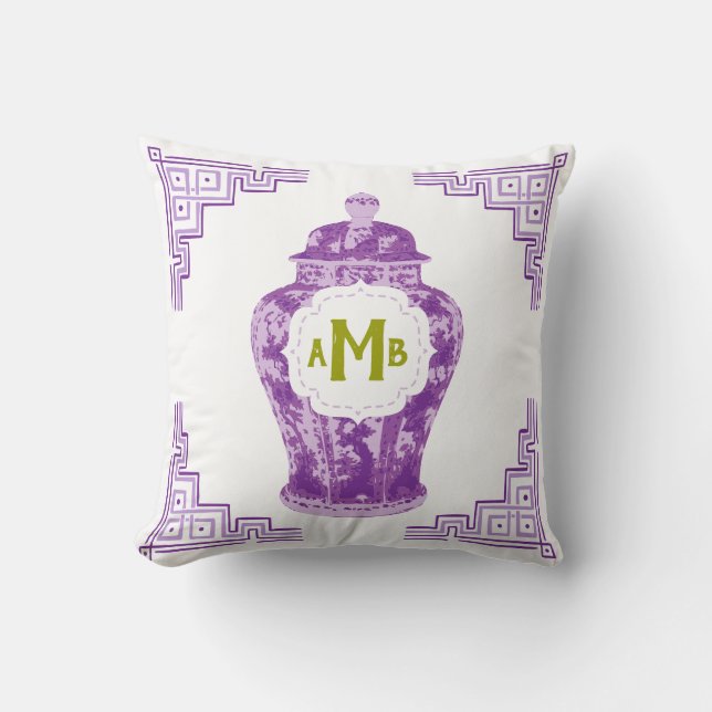 Lavender Lila Chinoiserie Ginger Burk Monogram Kudde (Framsida)
