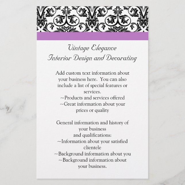 Lavender Lila Damask Black/White Flygblad (Framsidan)