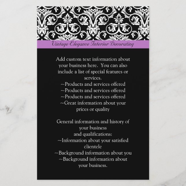 Lavender Lila Damask Black/White Flygblad (Framsidan)