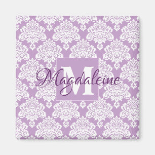 Lavender Lila Damask Monogram med Namn Magnet