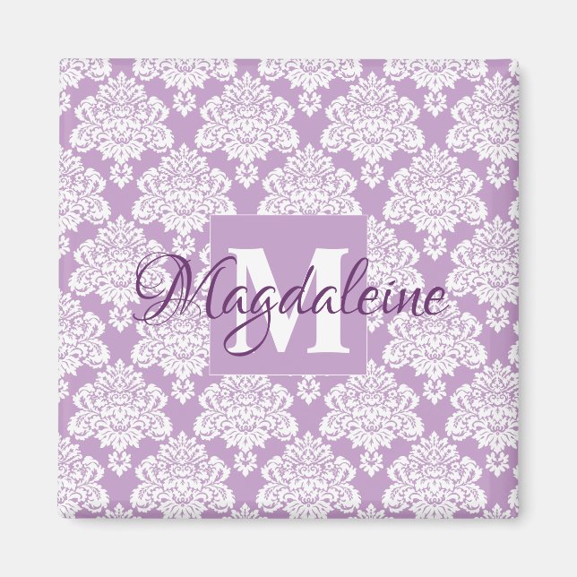 Lavender Lila Damask Monogram med Namn Magnet (Framsidan)