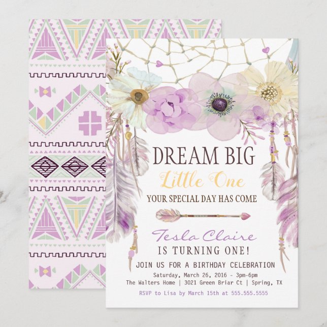 Lavender & Lila Dream Catcher Boho Birthday Inbjudningar (Fram/baksida)