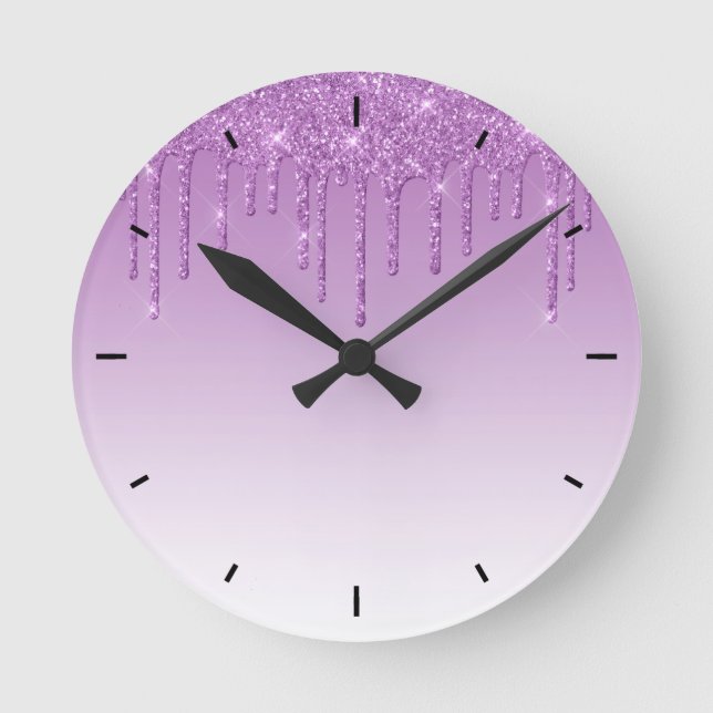 Lavender Lila Dripping Glitter Rund Klocka (Framsida)