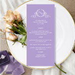 Lavender Lila Elegant Monogram Bröllop Menu Meny<br><div class="desc">Önska dina gäster med den vackra bröllop-menyn, med en elegant handdragen botaniskt monogram med parets initialer i vitt över en attraktiv lavender-lila-bakgrund färg. Det är enkelt att fylla i mallen med information och meny och beställ utskrifterna! Möjlighet att ändra lavendel-lila "bakgrund-färg" till ett annat lila eller till och med till...</div>