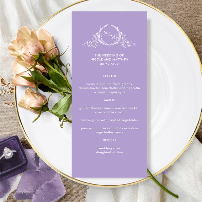 Lavender Lila Elegant Monogram Bröllop Menu Meny (Skapare uppladdad)
