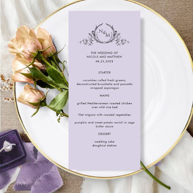 Lavender Lila Elegant Monogram Bröllop Menu Meny (Skapare uppladdad)