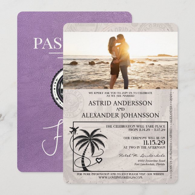 Lavender Lila Florida Passport Bröllop Inbjudningar (Fram/baksida)