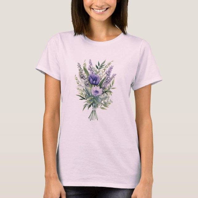 Lavender Lila Flower Greenery Blommigt Bouquet T Shirt (Framsida)