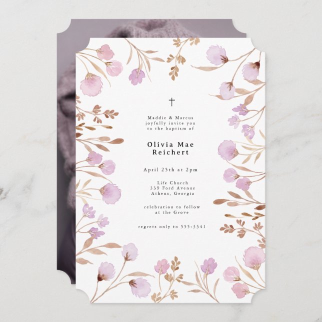 Lavender Lila Flower Photo Christening Baptism Inbjudningar (Fram/baksida)