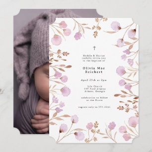 Lavender Lila Flower Photo Christening Baptism Inbjudningar