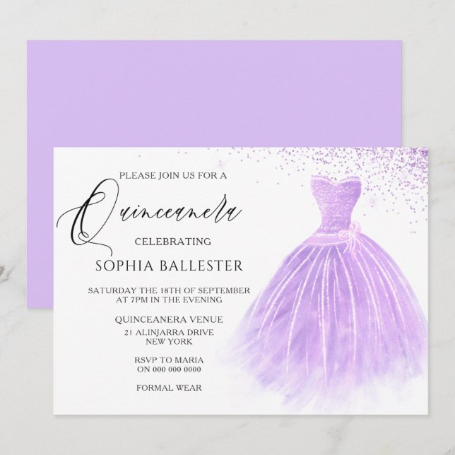 Lavender Lila Glitter Gown Quinceanera Party Inbjudningar (Fram/baksida)