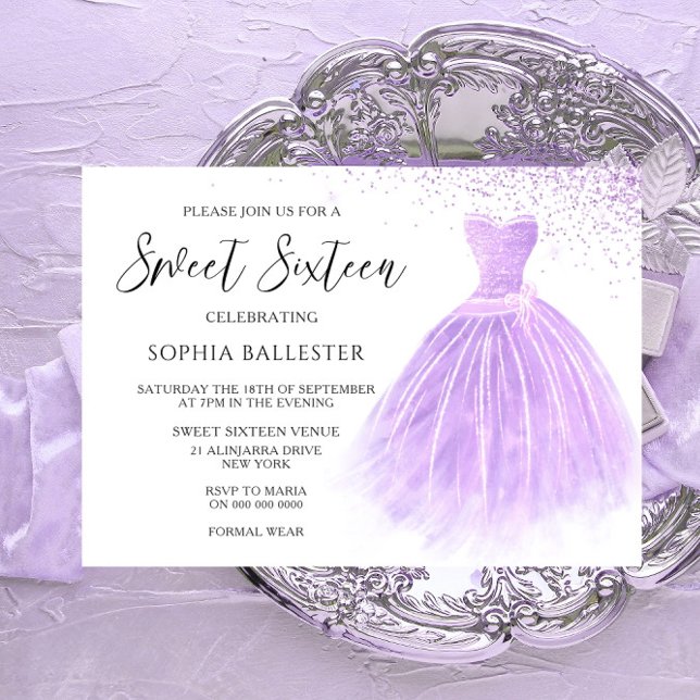 Lavender Lila Glitter Gown Sweet 16 Party Inbjudningar (Skapare uppladdad)